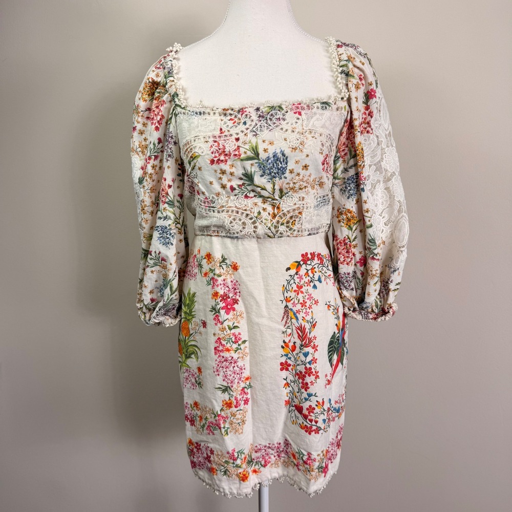 Farm Rio Tropical Floral Lace Mini Dress Puff Sleeve Square Neck Linen Small